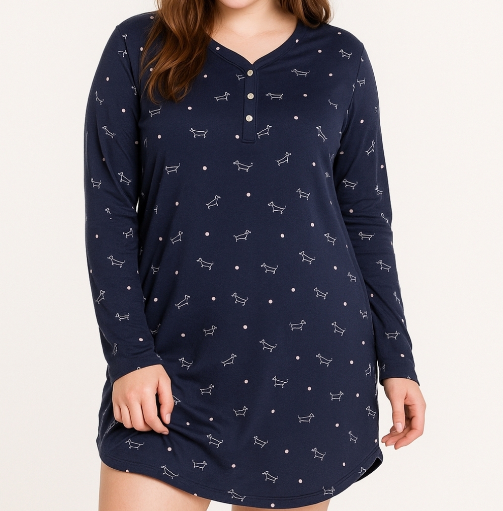 TART Intimates Navy Dachshund Print Nightshirt M Cozy Soft Pajamas L/S Cute Mini